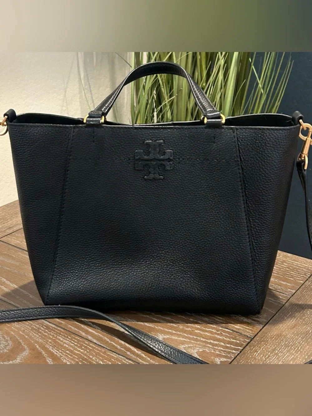 Tory Burch McGraw Black Pebbled Leather Carryall Tote Bag with Matching Wallet